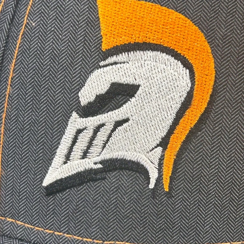 Spartan Mowers Spartan Helmet Logo Mens Black Orange Trucker Hat Snapback OSFM